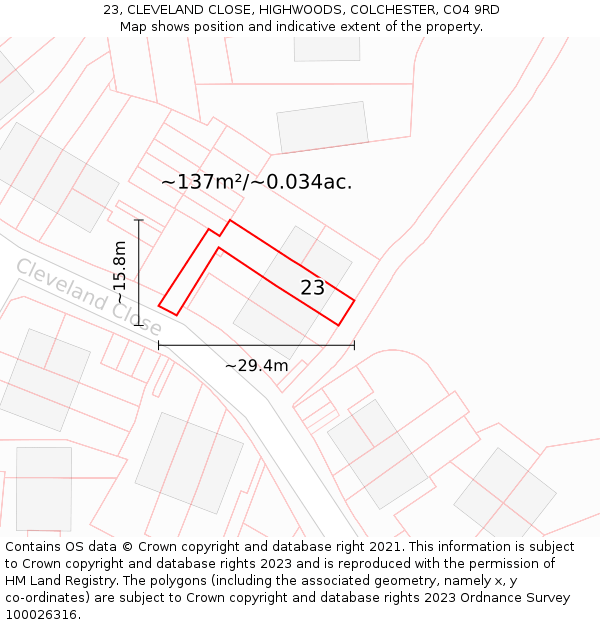 23, CLEVELAND CLOSE, HIGHWOODS, COLCHESTER, CO4 9RD: Plot and title map
