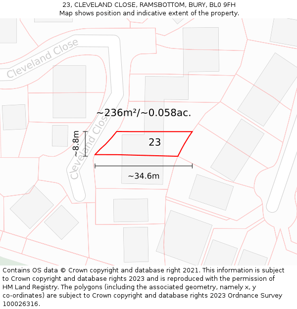 23, CLEVELAND CLOSE, RAMSBOTTOM, BURY, BL0 9FH: Plot and title map