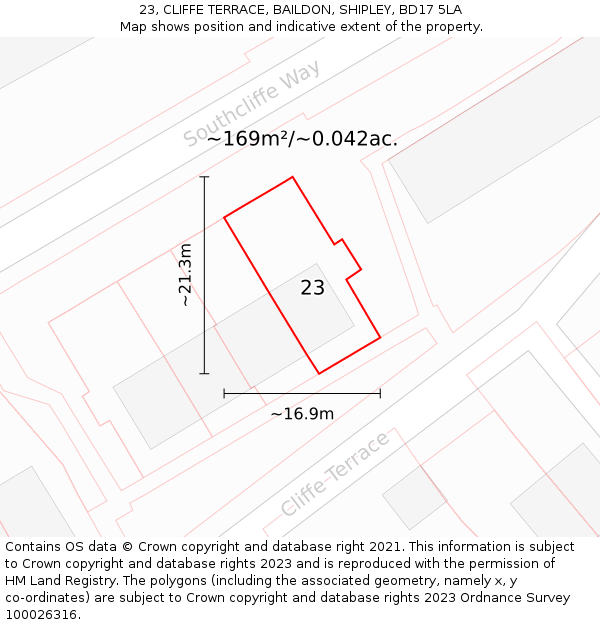 23, CLIFFE TERRACE, BAILDON, SHIPLEY, BD17 5LA: Plot and title map