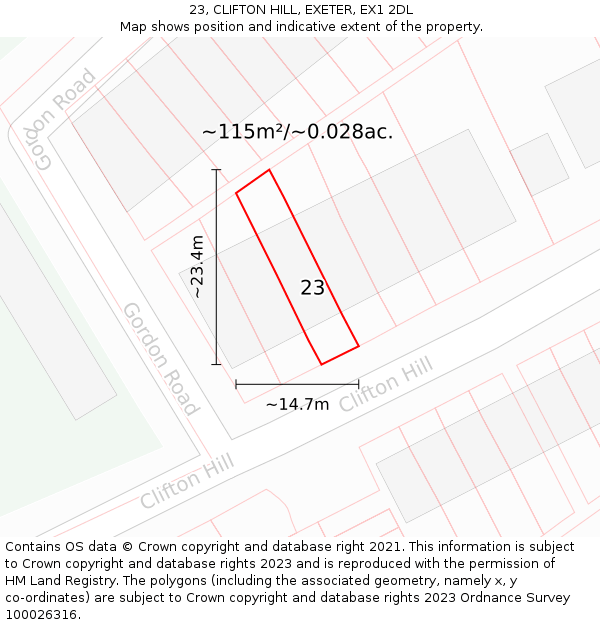 23, CLIFTON HILL, EXETER, EX1 2DL: Plot and title map