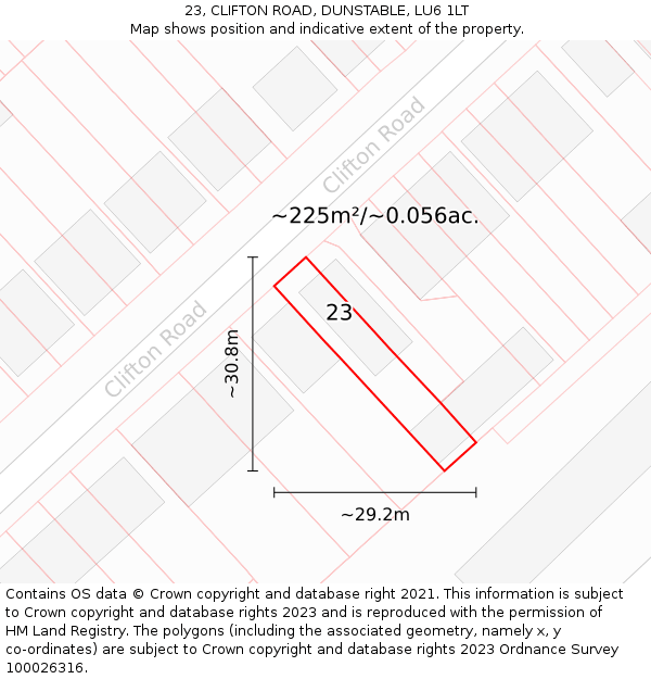 23, CLIFTON ROAD, DUNSTABLE, LU6 1LT: Plot and title map