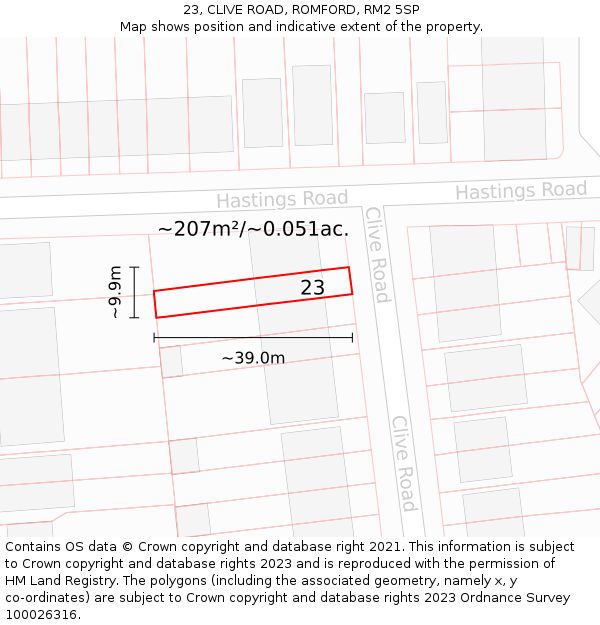 23, CLIVE ROAD, ROMFORD, RM2 5SP: Plot and title map