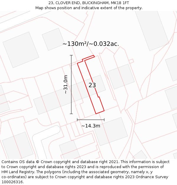23, CLOVER END, BUCKINGHAM, MK18 1FT: Plot and title map