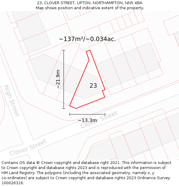 23, CLOVER STREET, UPTON, NORTHAMPTON, NN5 4BA: Plot and title map