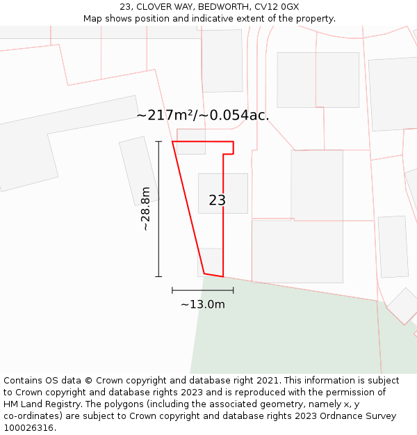 23, CLOVER WAY, BEDWORTH, CV12 0GX: Plot and title map