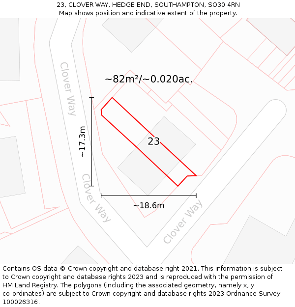 23, CLOVER WAY, HEDGE END, SOUTHAMPTON, SO30 4RN: Plot and title map