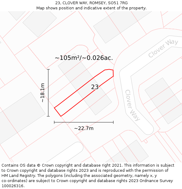 23, CLOVER WAY, ROMSEY, SO51 7RG: Plot and title map