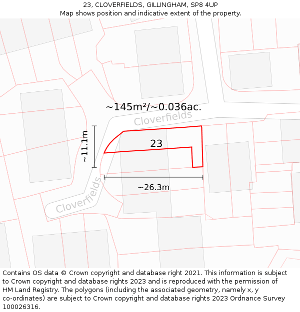 23, CLOVERFIELDS, GILLINGHAM, SP8 4UP: Plot and title map
