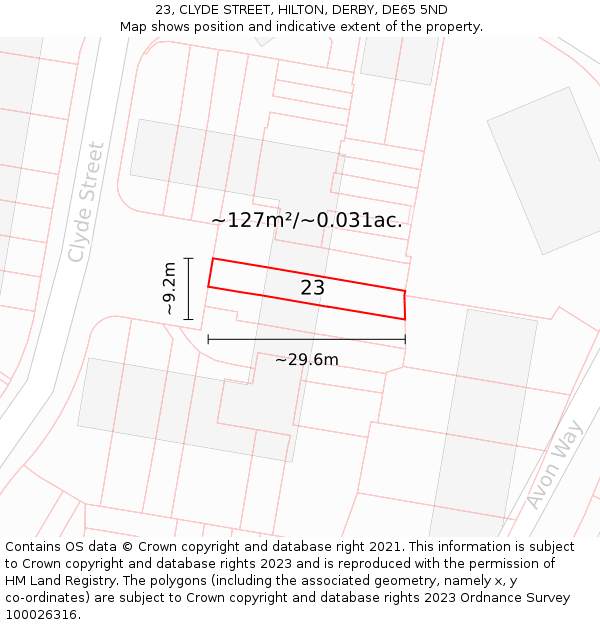 23, CLYDE STREET, HILTON, DERBY, DE65 5ND: Plot and title map