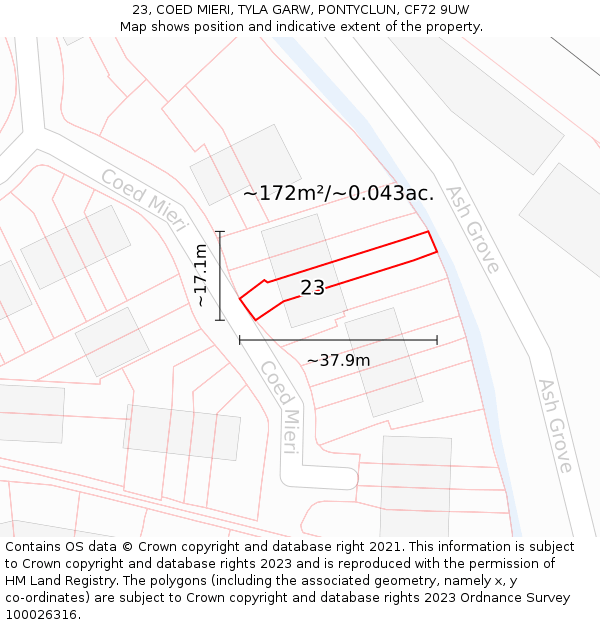 23, COED MIERI, TYLA GARW, PONTYCLUN, CF72 9UW: Plot and title map