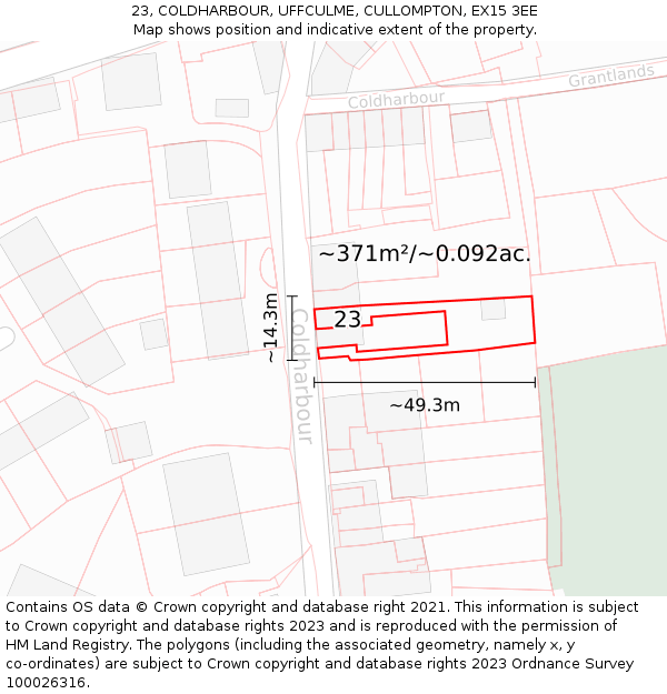 23, COLDHARBOUR, UFFCULME, CULLOMPTON, EX15 3EE: Plot and title map