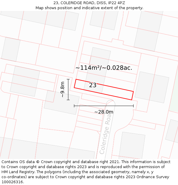 23, COLERIDGE ROAD, DISS, IP22 4PZ: Plot and title map