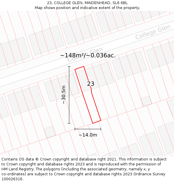 23, COLLEGE GLEN, MAIDENHEAD, SL6 6BL: Plot and title map