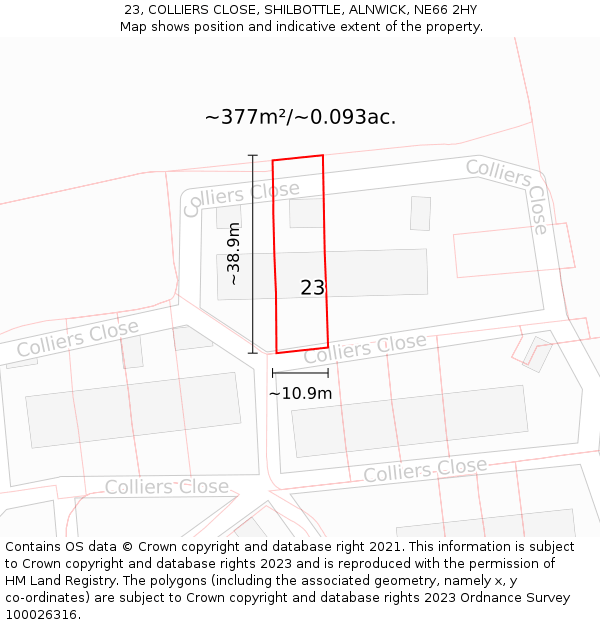 23, COLLIERS CLOSE, SHILBOTTLE, ALNWICK, NE66 2HY: Plot and title map