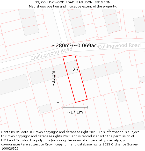 23, COLLINGWOOD ROAD, BASILDON, SS16 4DN: Plot and title map