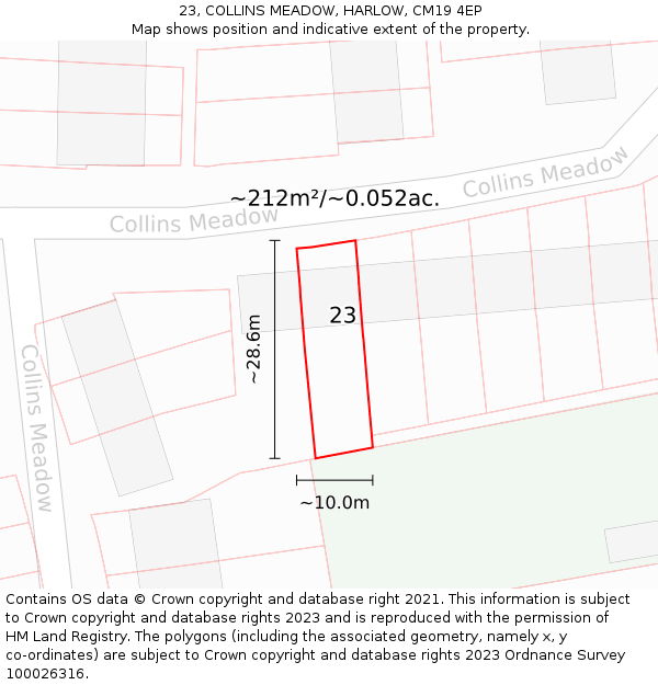 23, COLLINS MEADOW, HARLOW, CM19 4EP: Plot and title map