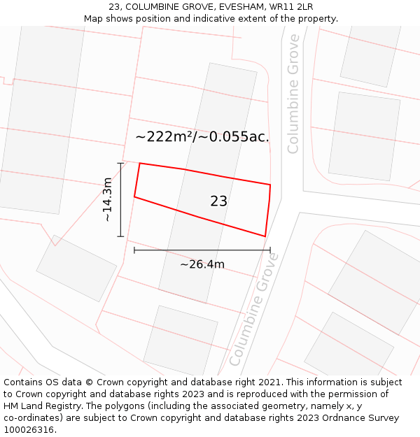 23, COLUMBINE GROVE, EVESHAM, WR11 2LR: Plot and title map