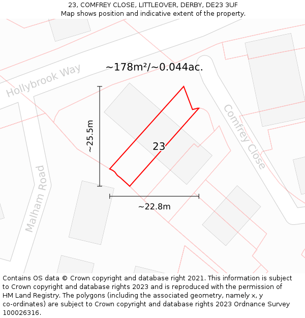 23, COMFREY CLOSE, LITTLEOVER, DERBY, DE23 3UF: Plot and title map