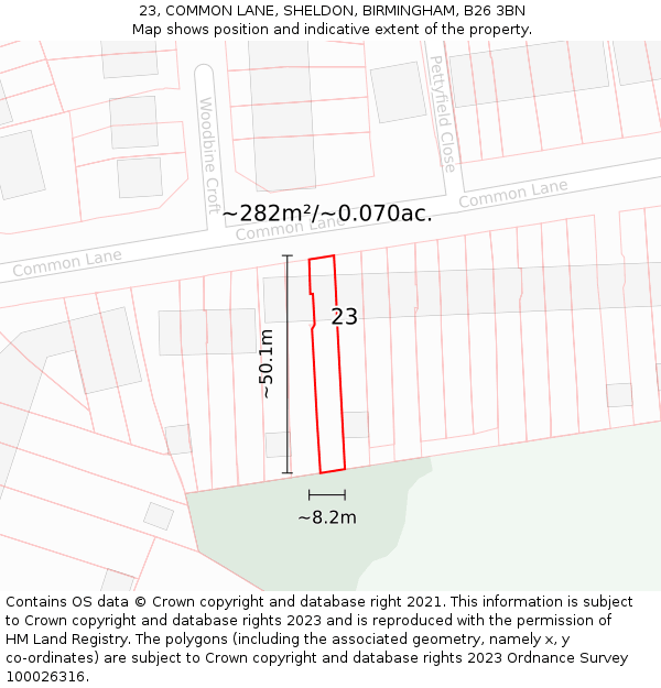 23, COMMON LANE, SHELDON, BIRMINGHAM, B26 3BN: Plot and title map