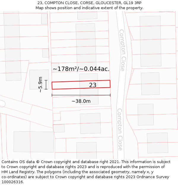 23, COMPTON CLOSE, CORSE, GLOUCESTER, GL19 3RP: Plot and title map