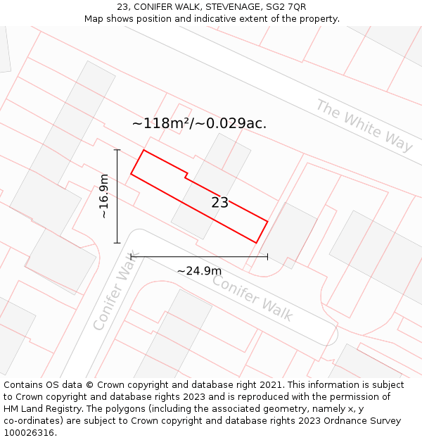 23, CONIFER WALK, STEVENAGE, SG2 7QR: Plot and title map