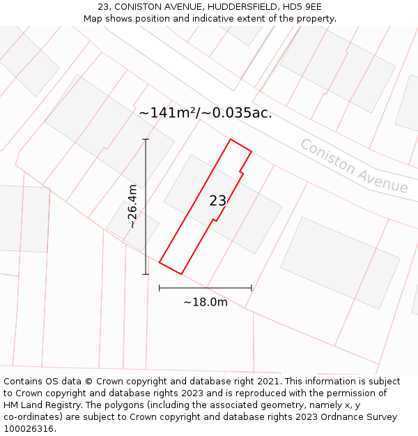 23, CONISTON AVENUE, HUDDERSFIELD, HD5 9EE: Plot and title map