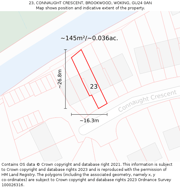 23, CONNAUGHT CRESCENT, BROOKWOOD, WOKING, GU24 0AN: Plot and title map
