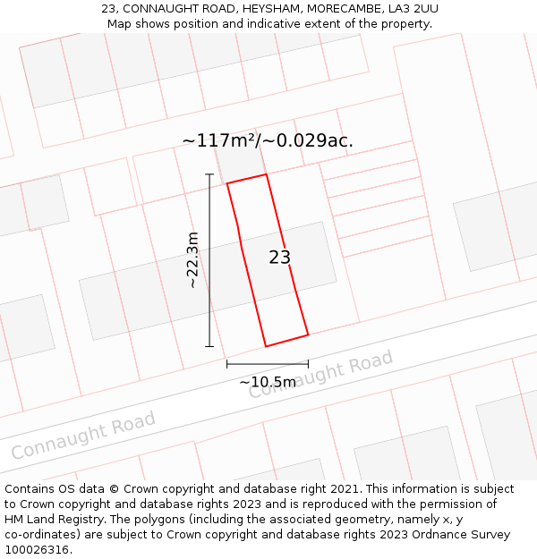 23, CONNAUGHT ROAD, HEYSHAM, MORECAMBE, LA3 2UU: Plot and title map