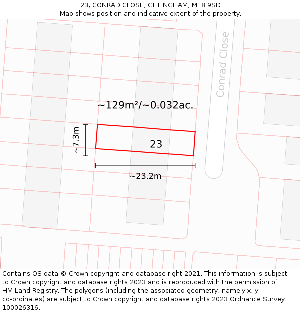 23, CONRAD CLOSE, GILLINGHAM, ME8 9SD: Plot and title map
