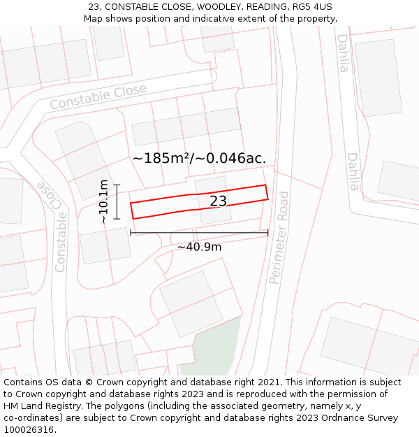 23, CONSTABLE CLOSE, WOODLEY, READING, RG5 4US: Plot and title map