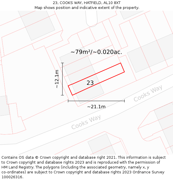 23, COOKS WAY, HATFIELD, AL10 8XT: Plot and title map