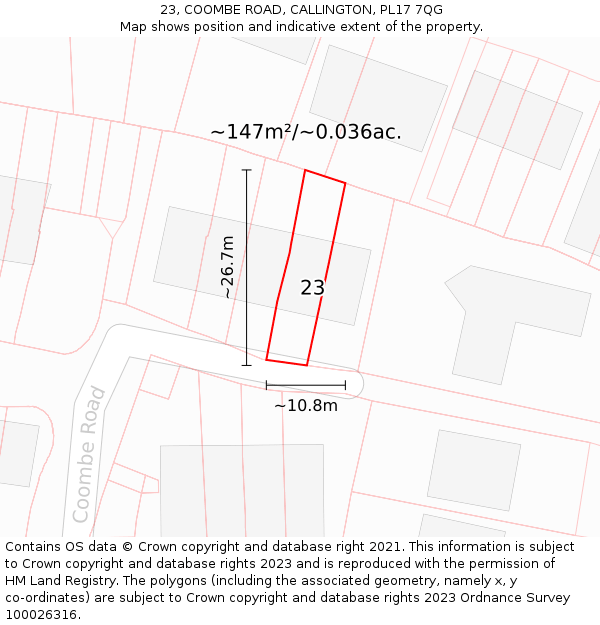 23, COOMBE ROAD, CALLINGTON, PL17 7QG: Plot and title map