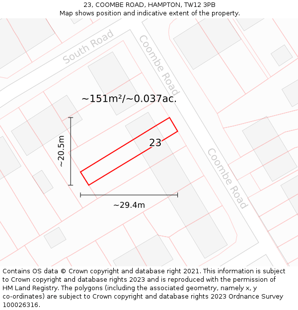 23, COOMBE ROAD, HAMPTON, TW12 3PB: Plot and title map