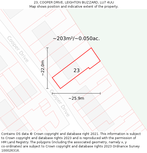 23, COOPER DRIVE, LEIGHTON BUZZARD, LU7 4UU: Plot and title map