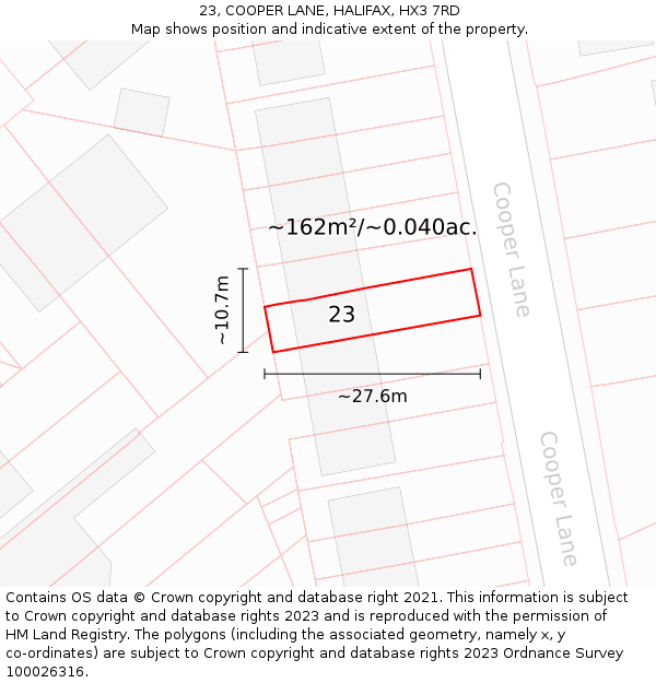 23, COOPER LANE, HALIFAX, HX3 7RD: Plot and title map