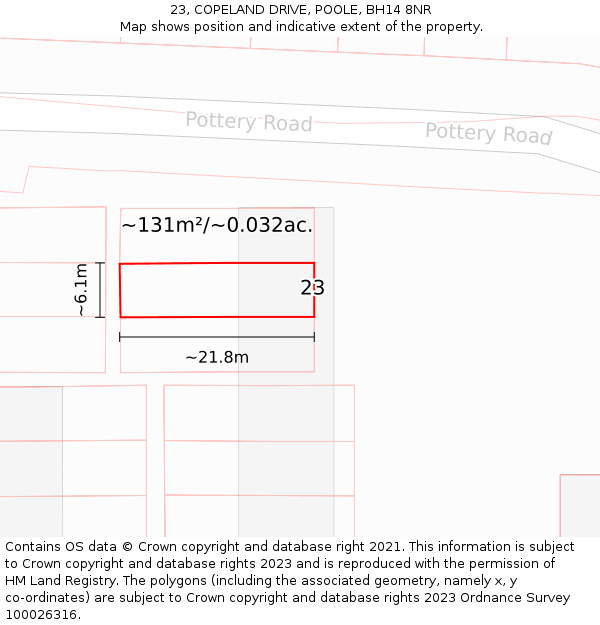 23, COPELAND DRIVE, POOLE, BH14 8NR: Plot and title map