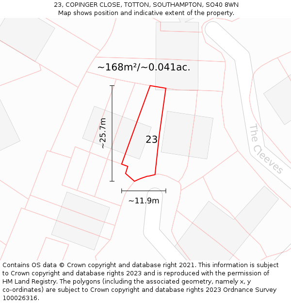 23, COPINGER CLOSE, TOTTON, SOUTHAMPTON, SO40 8WN: Plot and title map
