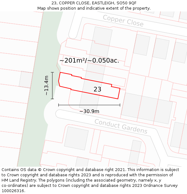 23, COPPER CLOSE, EASTLEIGH, SO50 9QF: Plot and title map