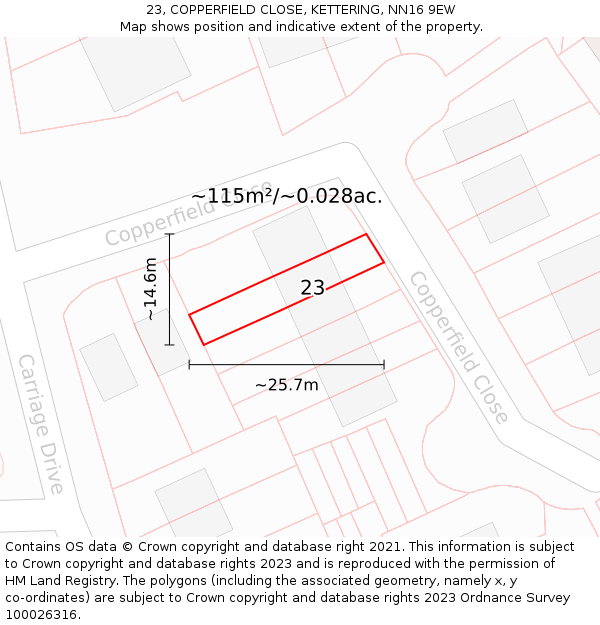 23, COPPERFIELD CLOSE, KETTERING, NN16 9EW: Plot and title map