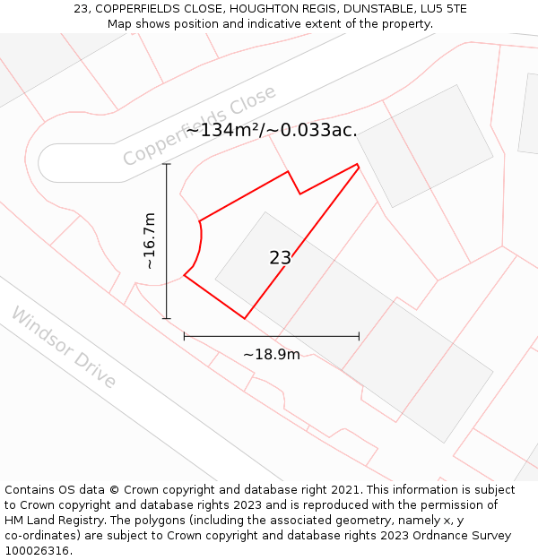 23, COPPERFIELDS CLOSE, HOUGHTON REGIS, DUNSTABLE, LU5 5TE: Plot and title map