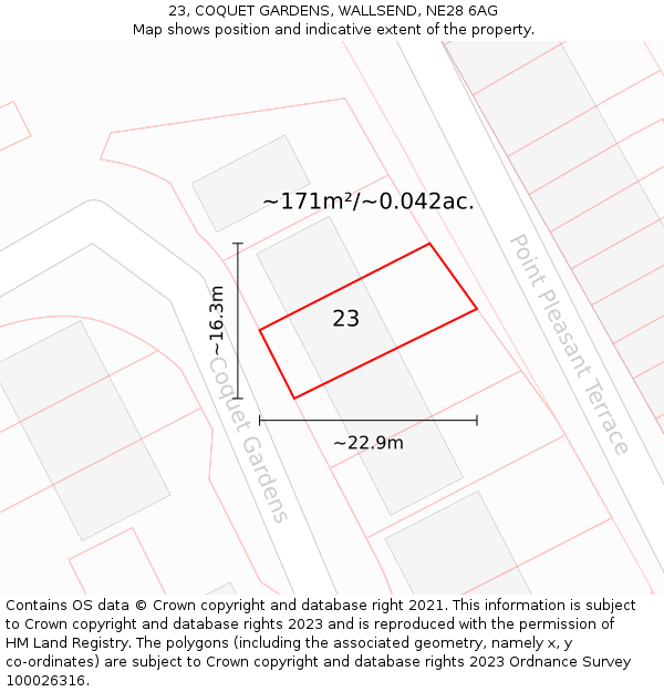 23, COQUET GARDENS, WALLSEND, NE28 6AG: Plot and title map