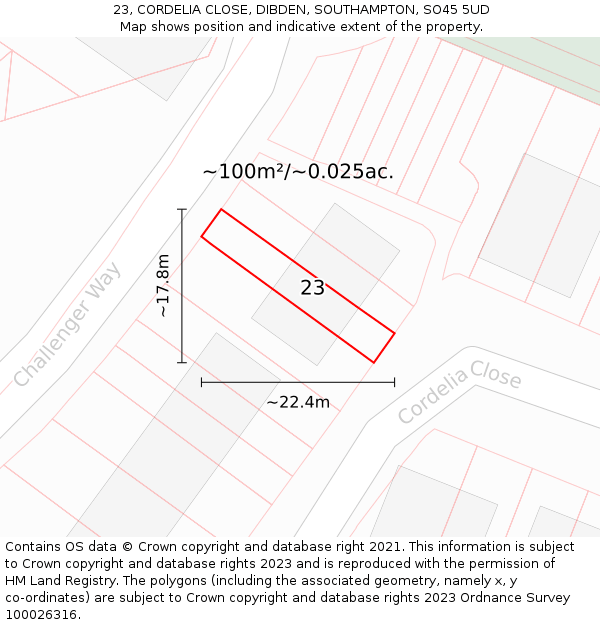 23, CORDELIA CLOSE, DIBDEN, SOUTHAMPTON, SO45 5UD: Plot and title map