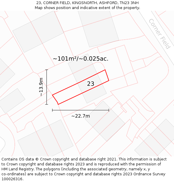 23, CORNER FIELD, KINGSNORTH, ASHFORD, TN23 3NH: Plot and title map