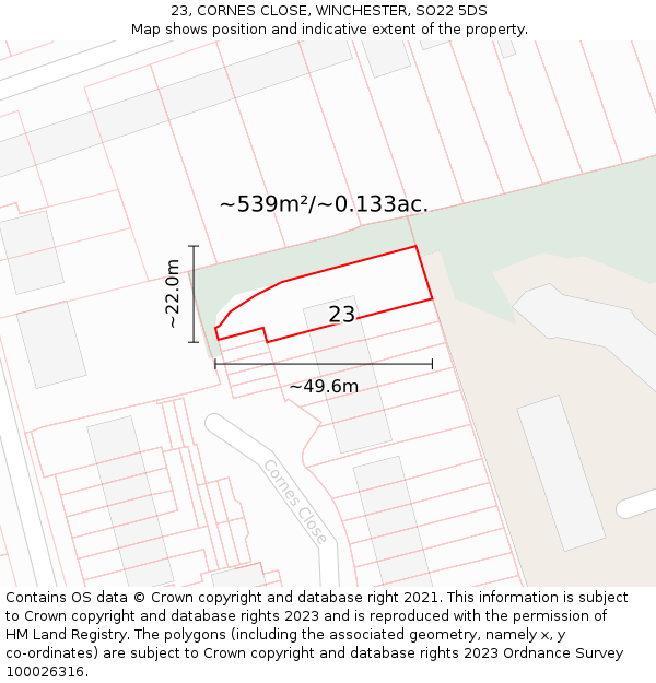 23, CORNES CLOSE, WINCHESTER, SO22 5DS: Plot and title map