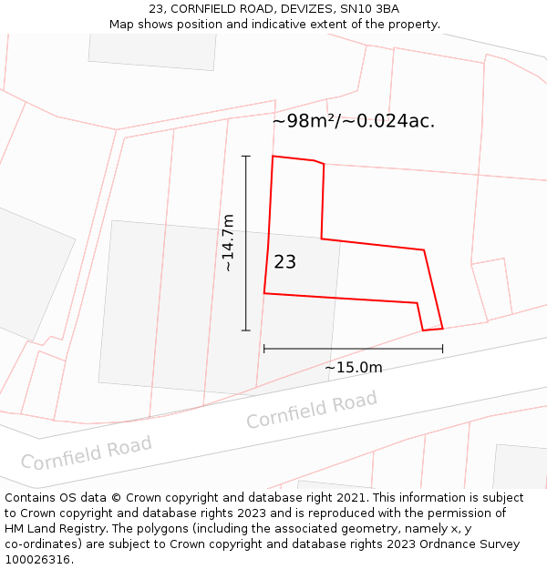 23, CORNFIELD ROAD, DEVIZES, SN10 3BA: Plot and title map