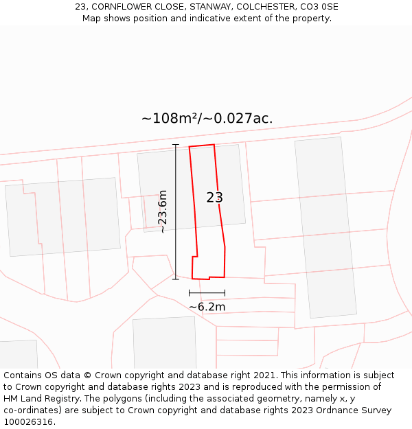23, CORNFLOWER CLOSE, STANWAY, COLCHESTER, CO3 0SE: Plot and title map