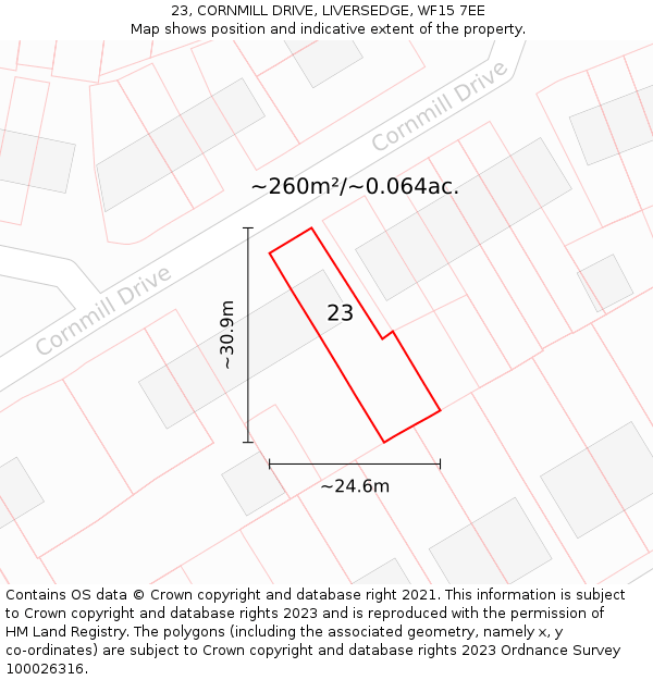 23, CORNMILL DRIVE, LIVERSEDGE, WF15 7EE: Plot and title map