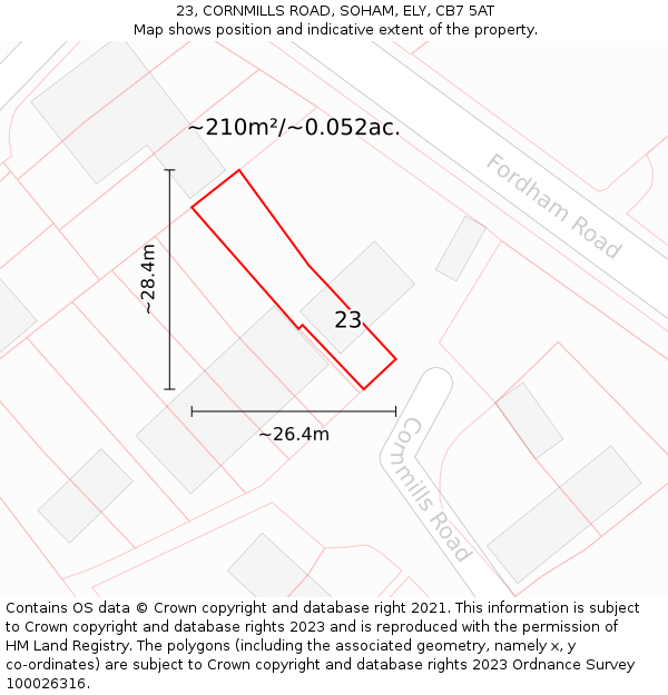 23, CORNMILLS ROAD, SOHAM, ELY, CB7 5AT: Plot and title map