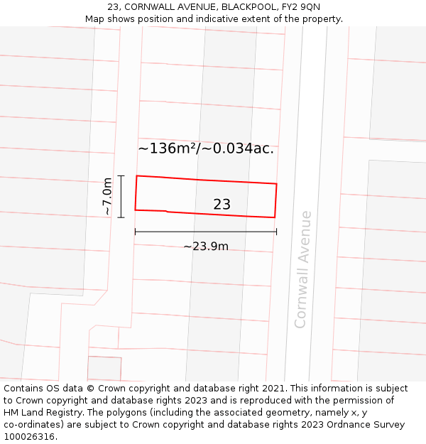 23, CORNWALL AVENUE, BLACKPOOL, FY2 9QN: Plot and title map