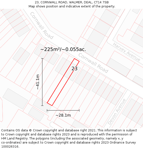 23, CORNWALL ROAD, WALMER, DEAL, CT14 7SB: Plot and title map